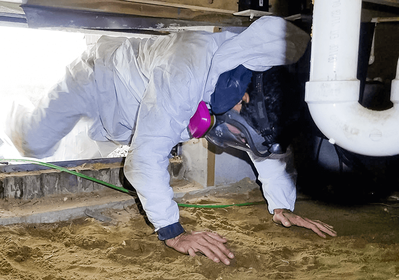 Crawl space professional preparing soil for encapsulation